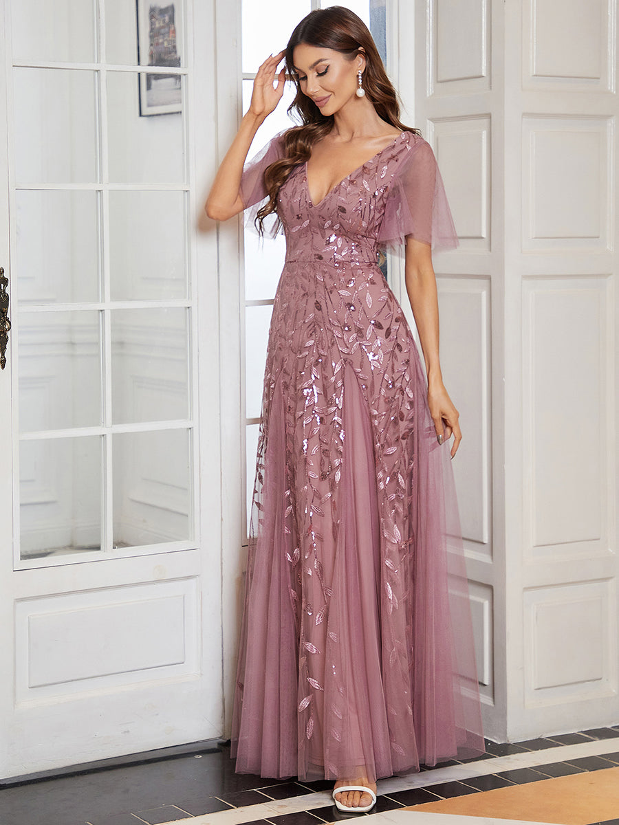 Bodenlanger V-Ausschnitt A-Linie Pailletten Kleid Mit Tiefem V-Ausschnitt Und Funkelnden Details #Farbe_Orchideenviolett