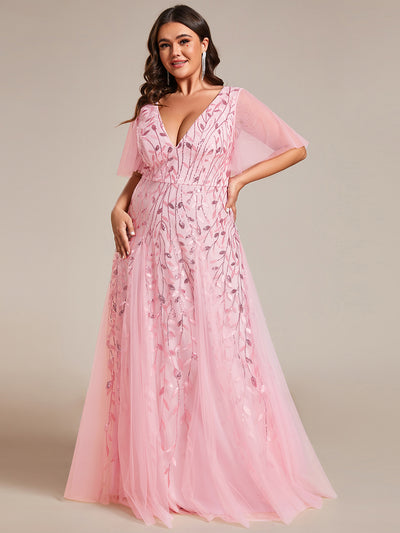 Bodenlanger V-Ausschnitt A-Linie Pailletten Kleid Mit Tiefem V-Ausschnitt Und Funkelnden Details #Farbe_Rosa
