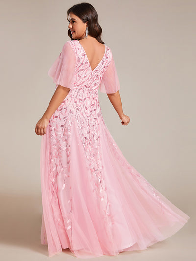 Bodenlanger V-Ausschnitt A-Linie Pailletten Kleid Mit Tiefem V-Ausschnitt Und Funkelnden Details #Farbe_Rosa