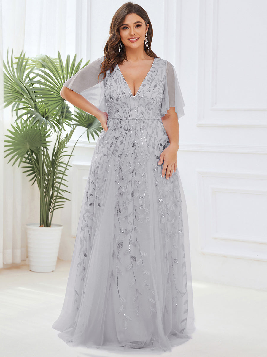 Bodenlanger V-Ausschnitt A-Linie Pailletten Kleid Mit Tiefem V-Ausschnitt Und Funkelnden Details #Farbe_Silber