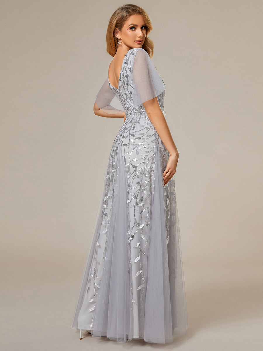 Bodenlanger V-Ausschnitt A-Linie Pailletten Kleid Mit Tiefem V-Ausschnitt Und Funkelnden Details #Farbe_Silber
