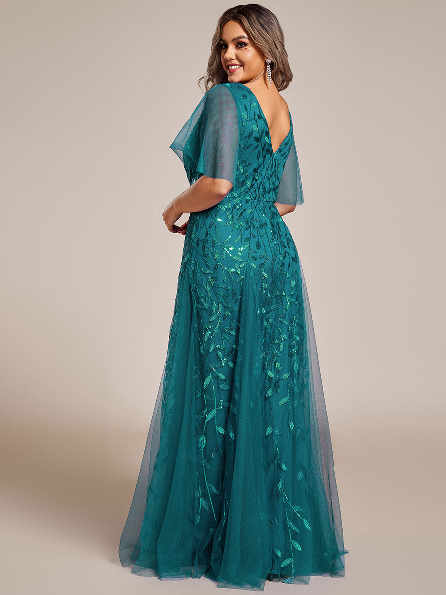 Bodenlanger V-Ausschnitt A-Linie Pailletten Kleid Mit Tiefem V-Ausschnitt Und Funkelnden Details #Farbe_Petrol