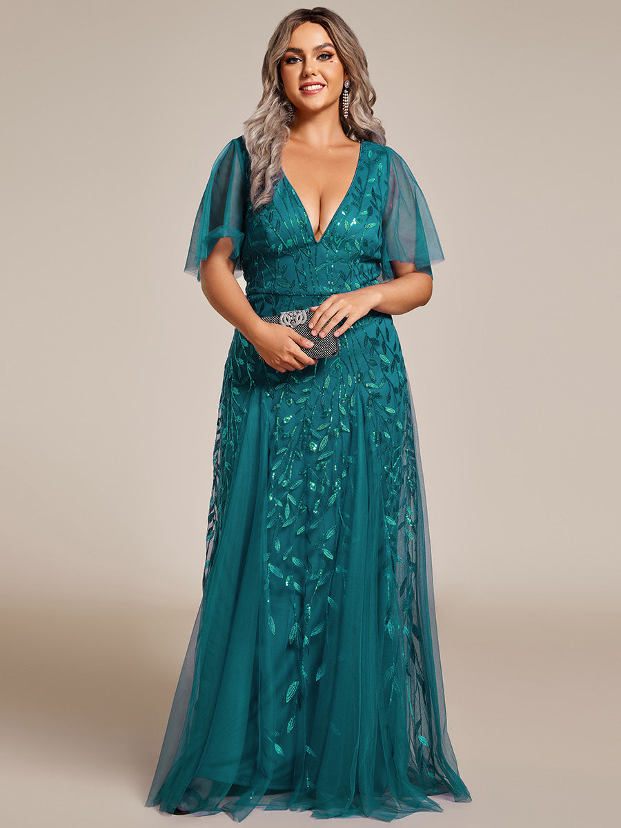 Bodenlanger V-Ausschnitt A-Linie Pailletten Kleid Mit Tiefem V-Ausschnitt Und Funkelnden Details #Farbe_Petrol