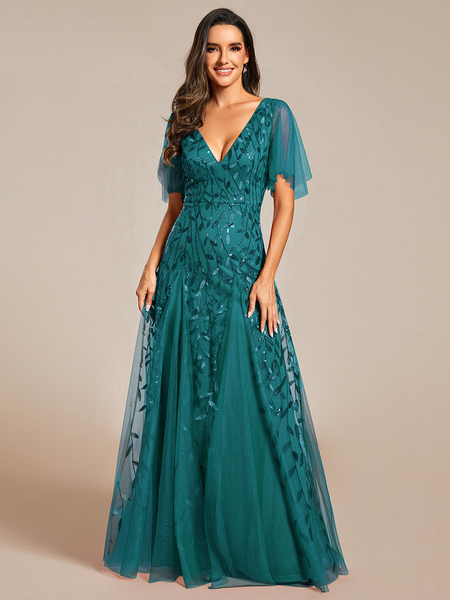 Bodenlanger V-Ausschnitt A-Linie Pailletten Kleid Mit Tiefem V-Ausschnitt Und Funkelnden Details #Farbe_Petrol