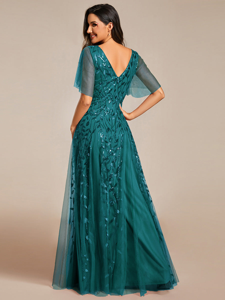 Bodenlanger V-Ausschnitt A-Linie Pailletten Kleid Mit Tiefem V-Ausschnitt Und Funkelnden Details #Farbe_Petrol