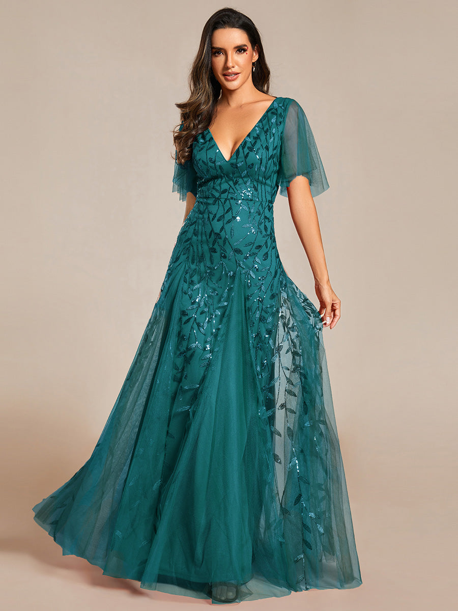 Bodenlanger V-Ausschnitt A-Linie Pailletten Kleid Mit Tiefem V-Ausschnitt Und Funkelnden Details #Farbe_Petrol