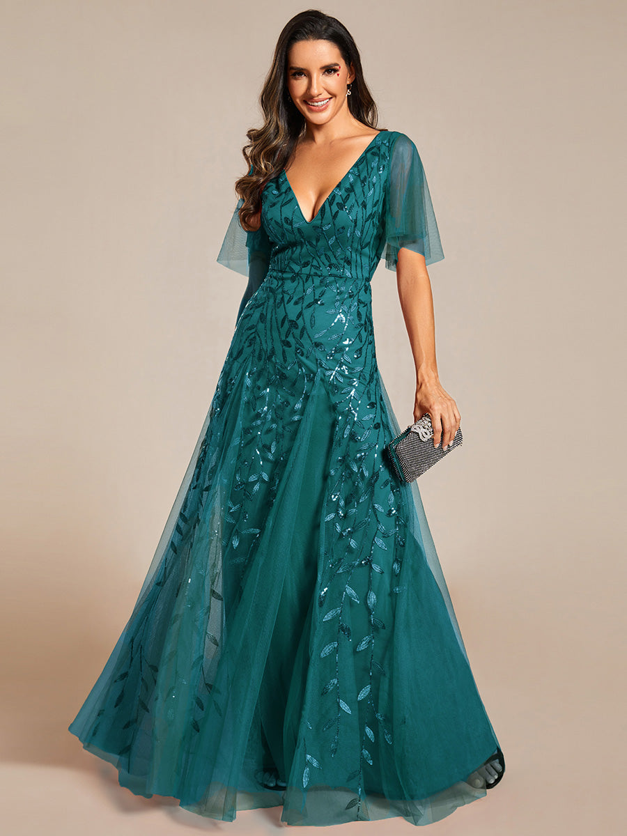 Bodenlanger V-Ausschnitt A-Linie Pailletten Kleid Mit Tiefem V-Ausschnitt Und Funkelnden Details #Farbe_Petrol