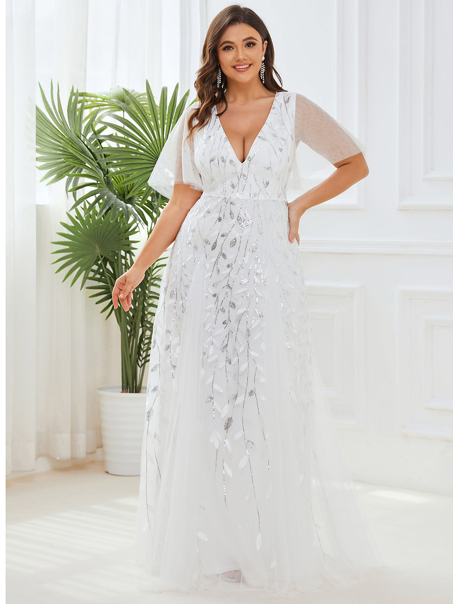 Bodenlanger V-Ausschnitt A-Linie Pailletten Kleid Mit Tiefem V-Ausschnitt Und Funkelnden Details #Farbe_Weiß