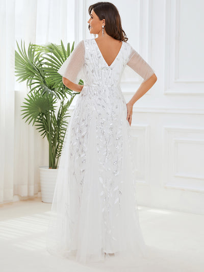 Bodenlanger V-Ausschnitt A-Linie Pailletten Kleid Mit Tiefem V-Ausschnitt Und Funkelnden Details #Farbe_Weiß