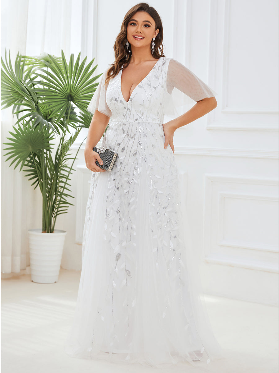 Bodenlanger V-Ausschnitt A-Linie Pailletten Kleid Mit Tiefem V-Ausschnitt Und Funkelnden Details #Farbe_Weiß