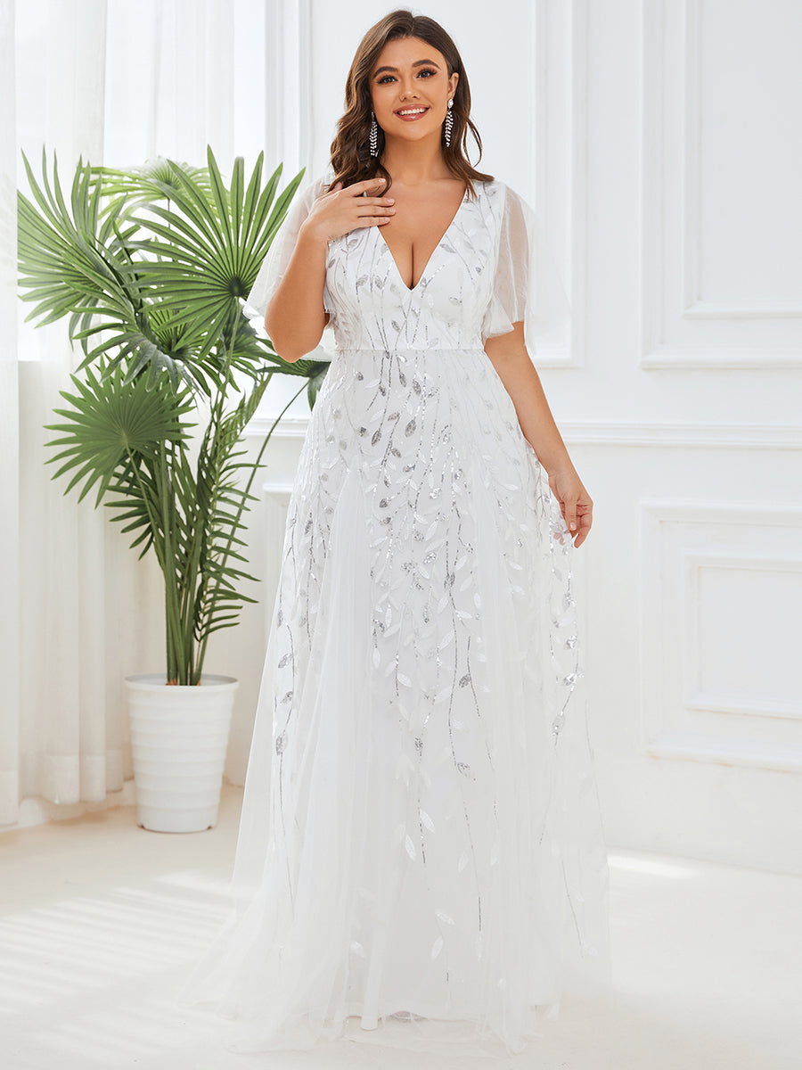 Bodenlanger V-Ausschnitt A-Linie Pailletten Kleid Mit Tiefem V-Ausschnitt Und Funkelnden Details #Farbe_Weiß