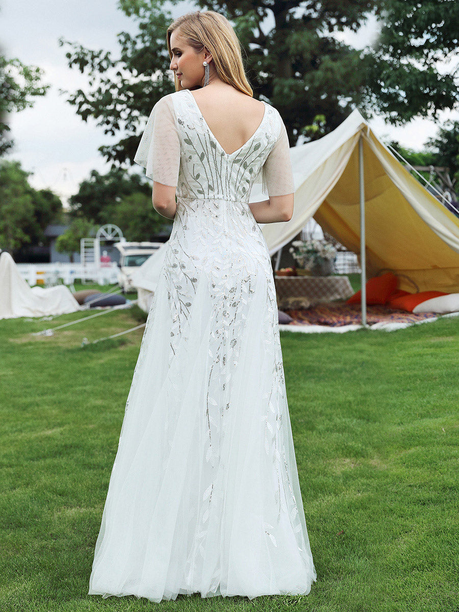Bodenlanger V-Ausschnitt A-Linie Pailletten Kleid Mit Tiefem V-Ausschnitt Und Funkelnden Details #Farbe_Weiß