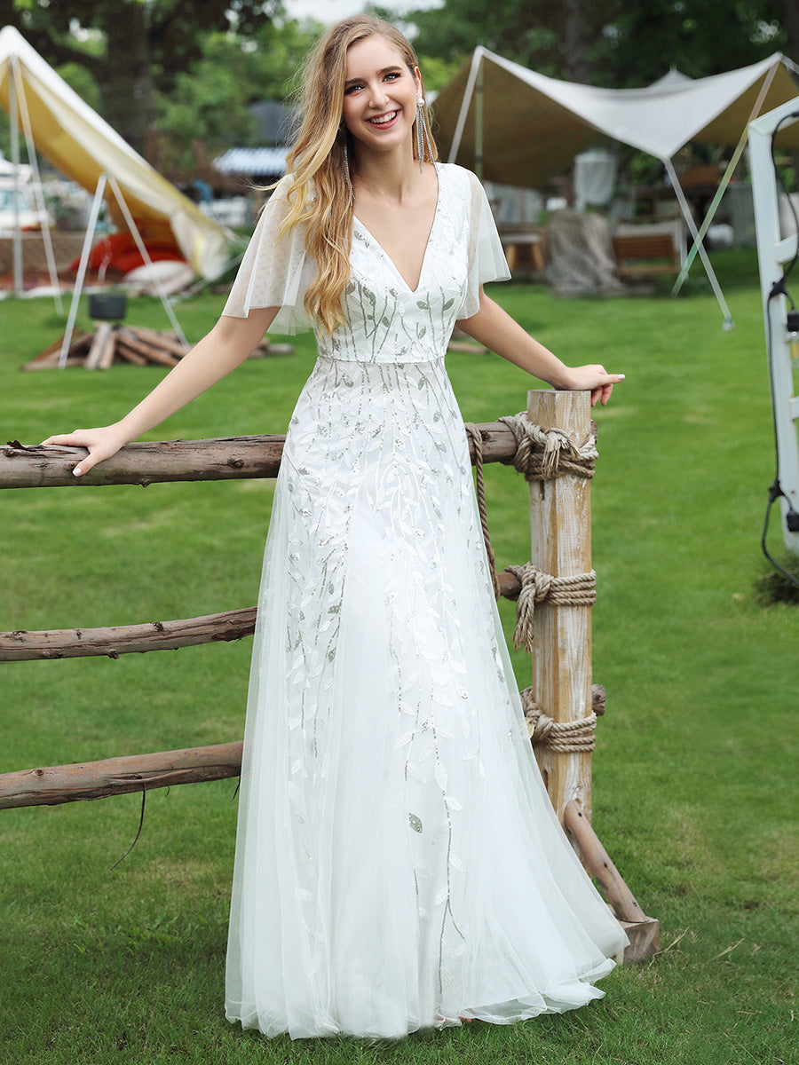 Bodenlanger V-Ausschnitt A-Linie Pailletten Kleid Mit Tiefem V-Ausschnitt Und Funkelnden Details #Farbe_Weiß