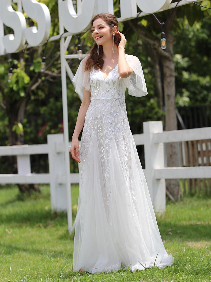Bodenlanger V-Ausschnitt A-Linie Pailletten Kleid Mit Tiefem V-Ausschnitt Und Funkelnden Details #Farbe_Weiß