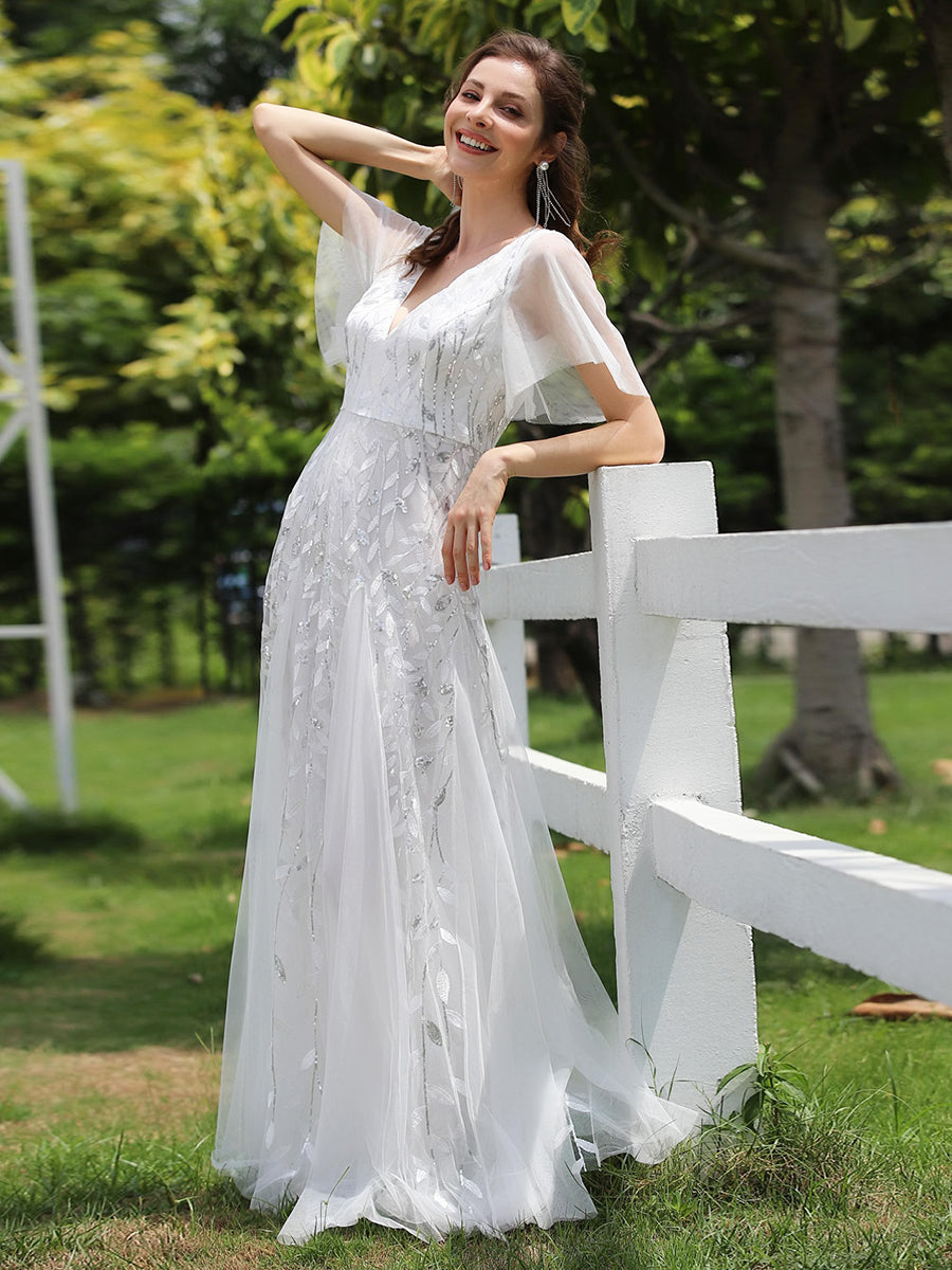 Bodenlanger V-Ausschnitt A-Linie Pailletten Kleid Mit Tiefem V-Ausschnitt Und Funkelnden Details #Farbe_Weiß