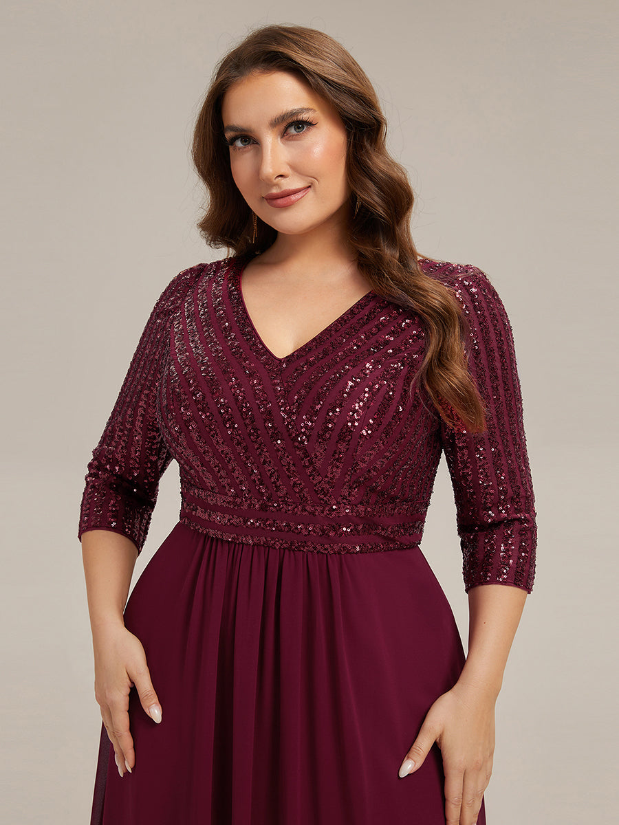 Übergrößen Bodenlanger V-Ausschnitt A-Linie Pailletten Kleid Mit Durchsichtigen Patchwork Details #Farbe_Burgunderrot