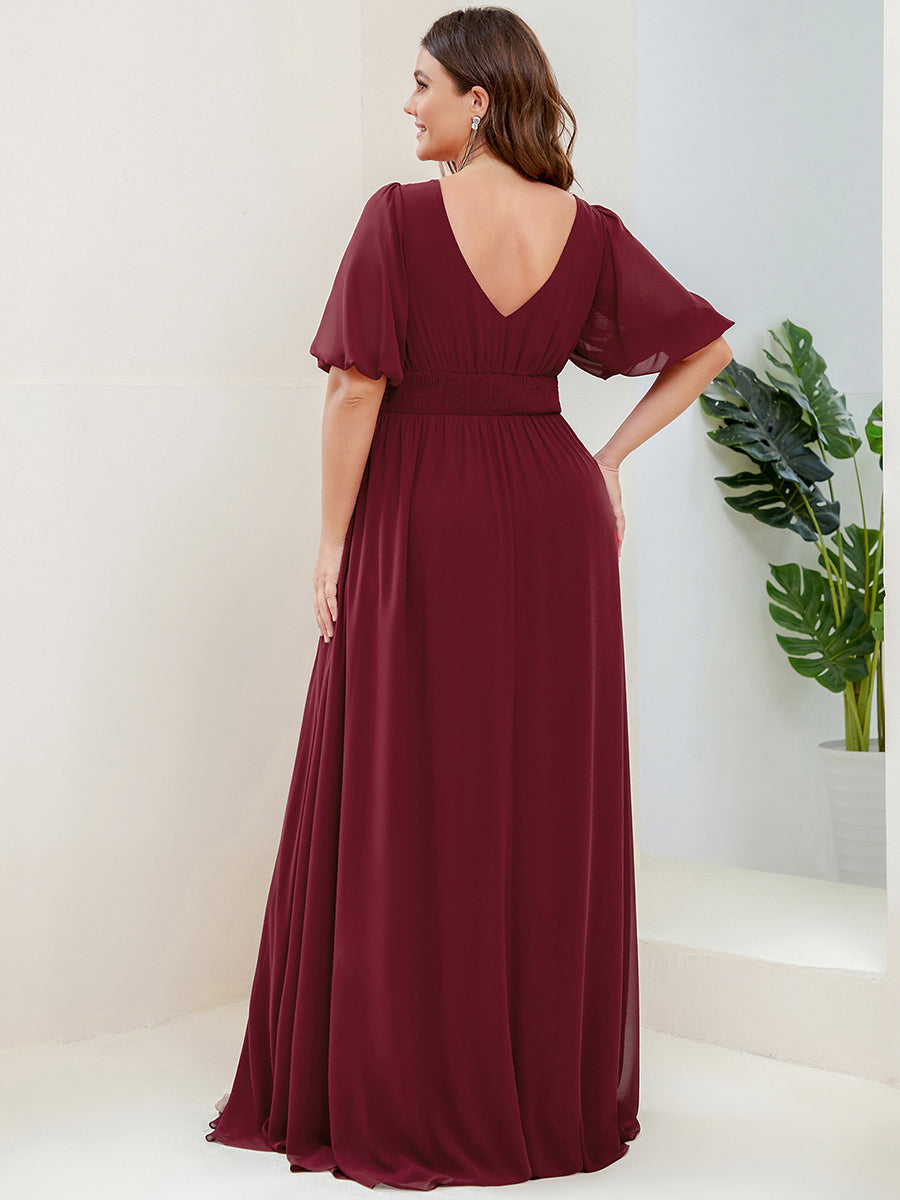 Bodenlanger V-Ausschnitt A-Linie Chiffon Kleid Mit Hohem Schlitz Und Falten Details Kleid #Farbe_Burgunderrot