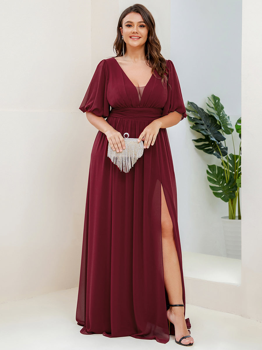 Bodenlanger V-Ausschnitt A-Linie Chiffon Kleid Mit Hohem Schlitz Und Falten Details Kleid #Farbe_Burgunderrot