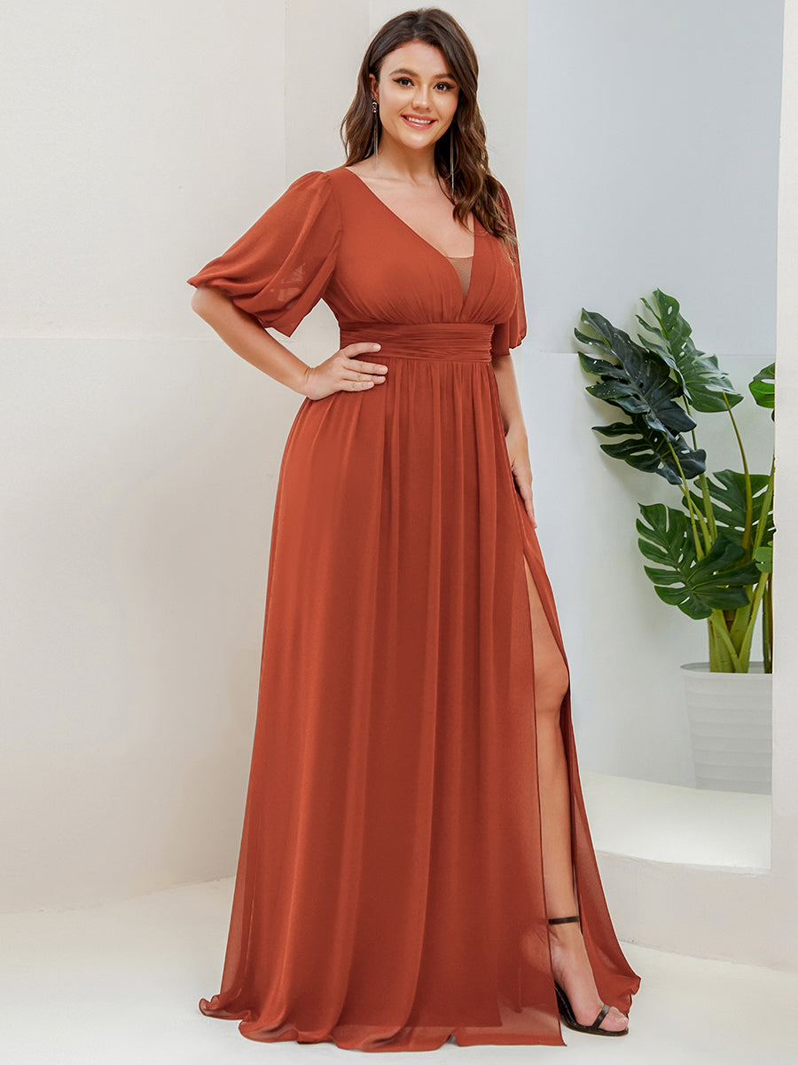 Bodenlanger V-Ausschnitt A-Linie Chiffon Kleid Mit Hohem Schlitz Und Falten Details Kleid #Farbe_Gebranntes Orange