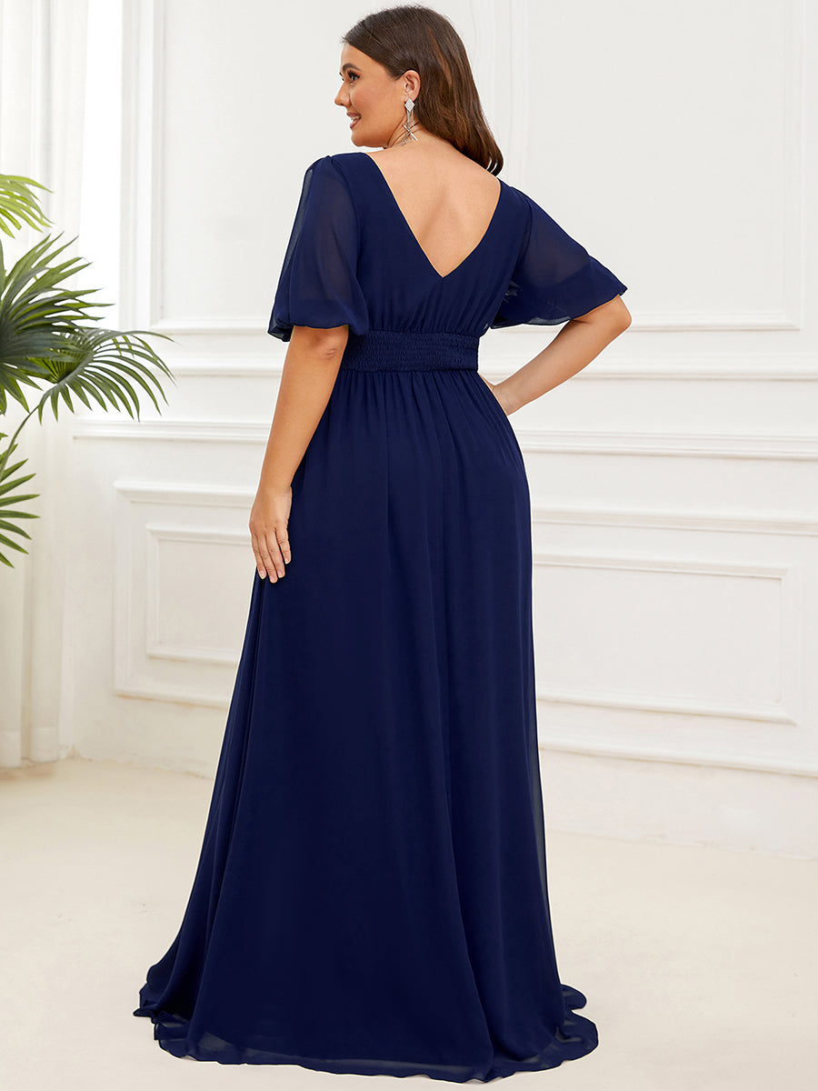 Bodenlanger V-Ausschnitt A-Linie Chiffon Kleid Mit Hohem Schlitz Und Falten Details Kleid #Farbe_Marineblau
