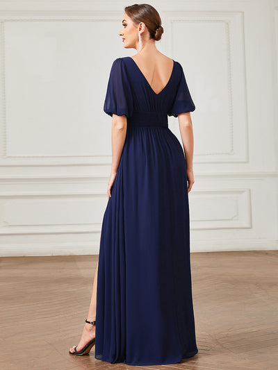 Bodenlanger V-Ausschnitt A-Linie Chiffon Kleid Mit Hohem Schlitz Und Falten Details Kleid #Farbe_Marineblau