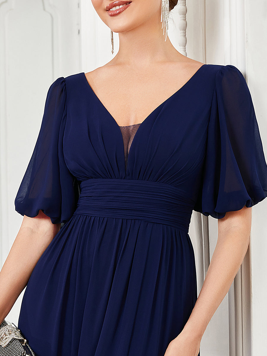 Bodenlanger V-Ausschnitt A-Linie Chiffon Kleid Mit Hohem Schlitz Und Falten Details Kleid #Farbe_Marineblau