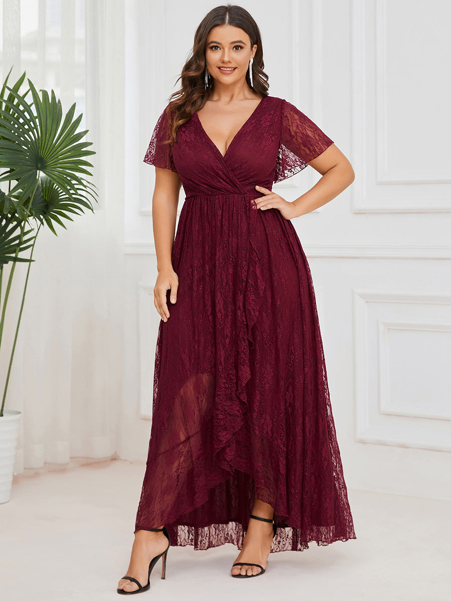 Größe Nach Maß Kurzärmliges Spitzen-Abendkleid in A-Linie mit Rüschen und V-Ausschnitt #farbe_Burgunderrot