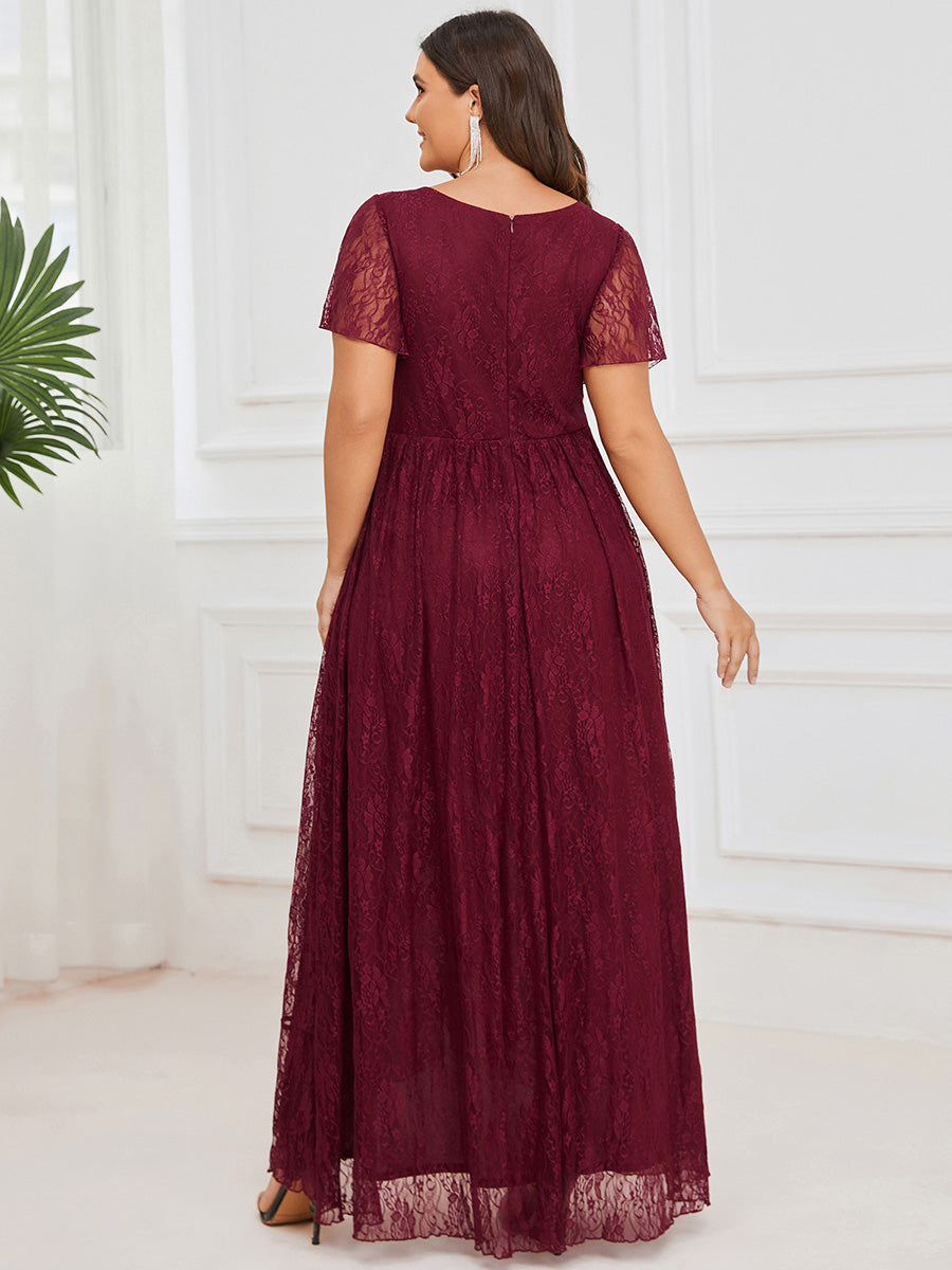 Größe Nach Maß Kurzärmliges Spitzen-Abendkleid in A-Linie mit Rüschen und V-Ausschnitt #farbe_Burgunderrot