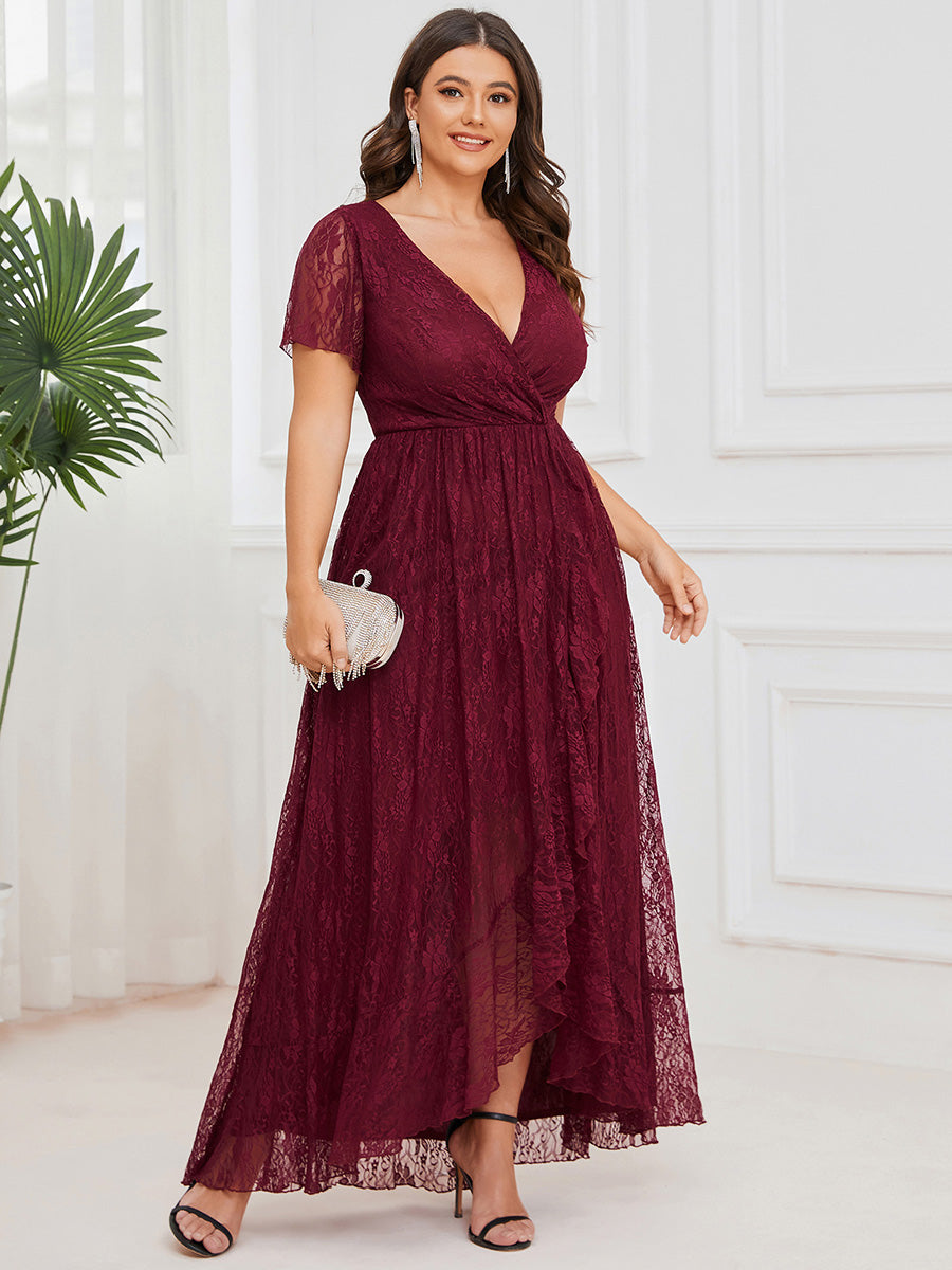 Größe Nach Maß Kurzärmliges Spitzen-Abendkleid in A-Linie mit Rüschen und V-Ausschnitt #farbe_Burgunderrot