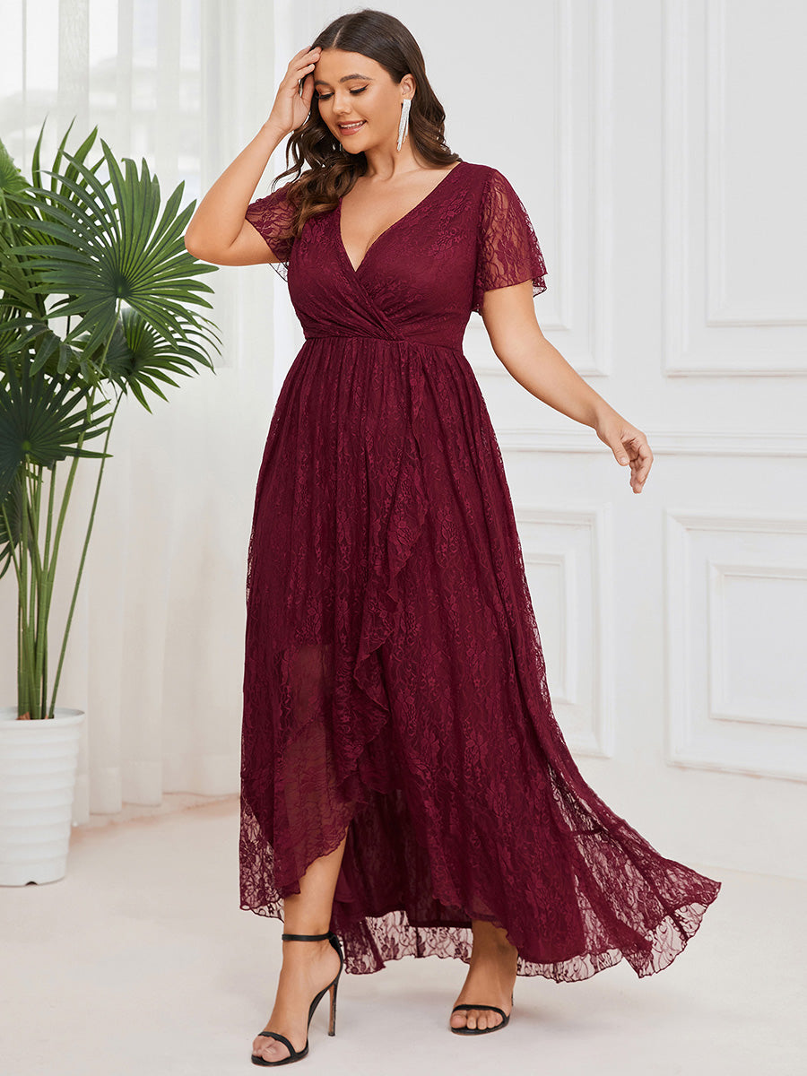 Größe Nach Maß Kurzärmliges Spitzen-Abendkleid in A-Linie mit Rüschen und V-Ausschnitt #farbe_Burgunderrot