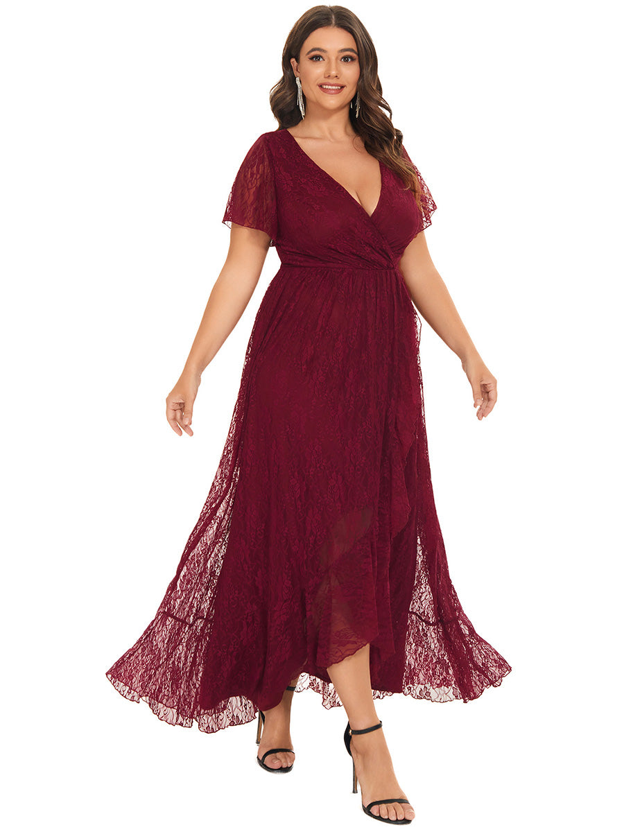 Größe Nach Maß Kurzärmliges Spitzen-Abendkleid in A-Linie mit Rüschen und V-Ausschnitt #farbe_Burgunderrot
