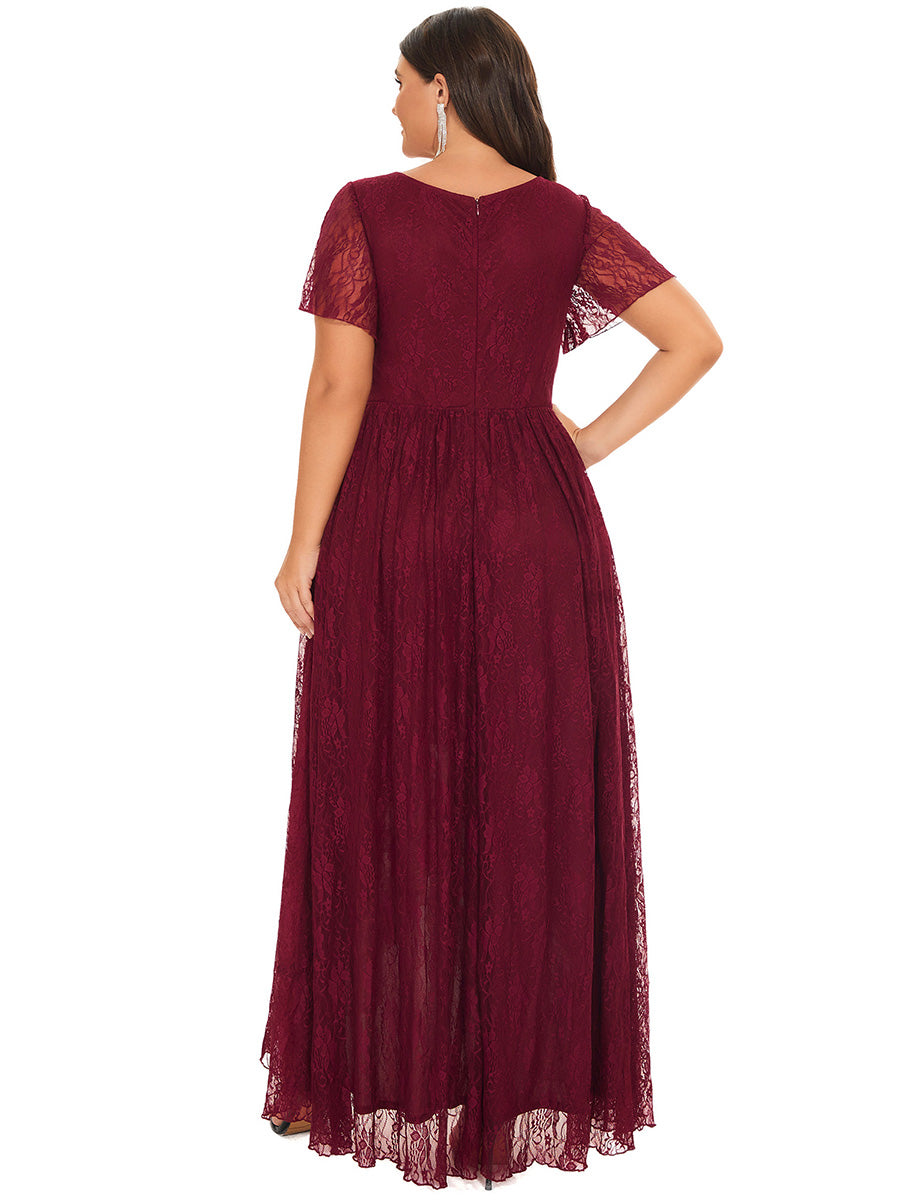 Größe Nach Maß Kurzärmliges Spitzen-Abendkleid in A-Linie mit Rüschen und V-Ausschnitt #farbe_Burgunderrot