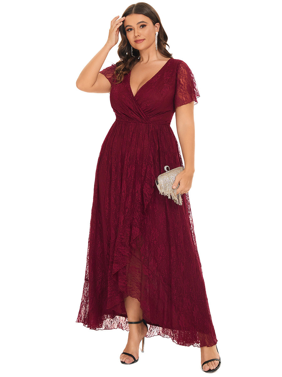 Größe Nach Maß Kurzärmliges Spitzen-Abendkleid in A-Linie mit Rüschen und V-Ausschnitt #farbe_Burgunderrot