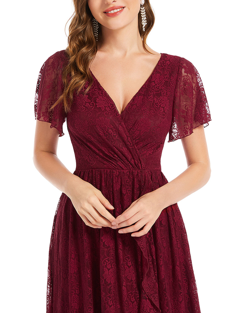 Größe Nach Maß Kurzärmliges Spitzen-Abendkleid in A-Linie mit Rüschen und V-Ausschnitt #farbe_Burgunderrot