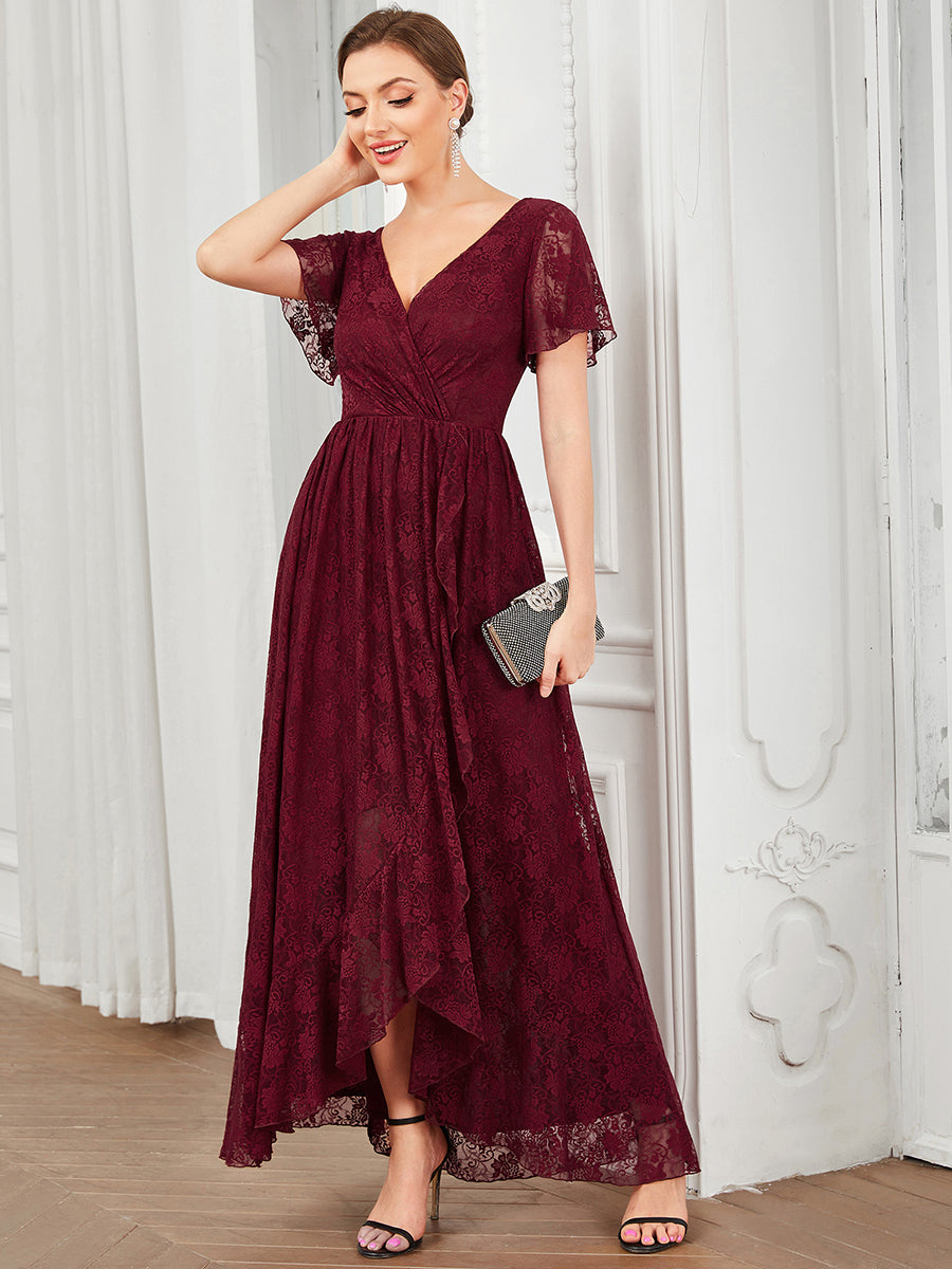 Größe Nach Maß Kurzärmliges Spitzen-Abendkleid in A-Linie mit Rüschen und V-Ausschnitt #farbe_Burgunderrot