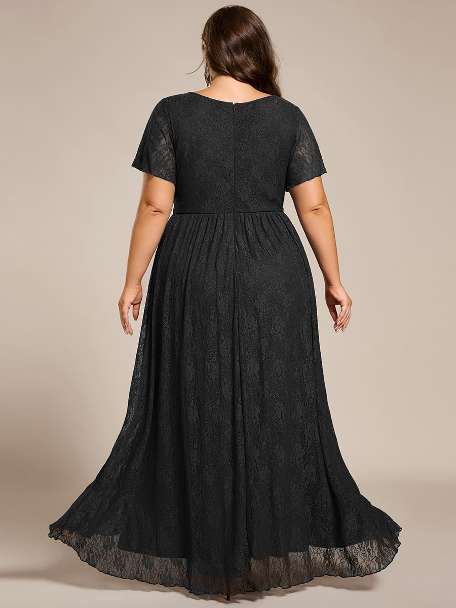 Größe Nach Maß Kurzärmliges Spitzen-Abendkleid in A-Linie mit Rüschen und V-Ausschnitt #farbe_Schwarz
