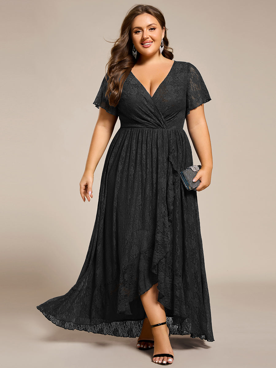 Größe Nach Maß Kurzärmliges Spitzen-Abendkleid in A-Linie mit Rüschen und V-Ausschnitt #farbe_Schwarz