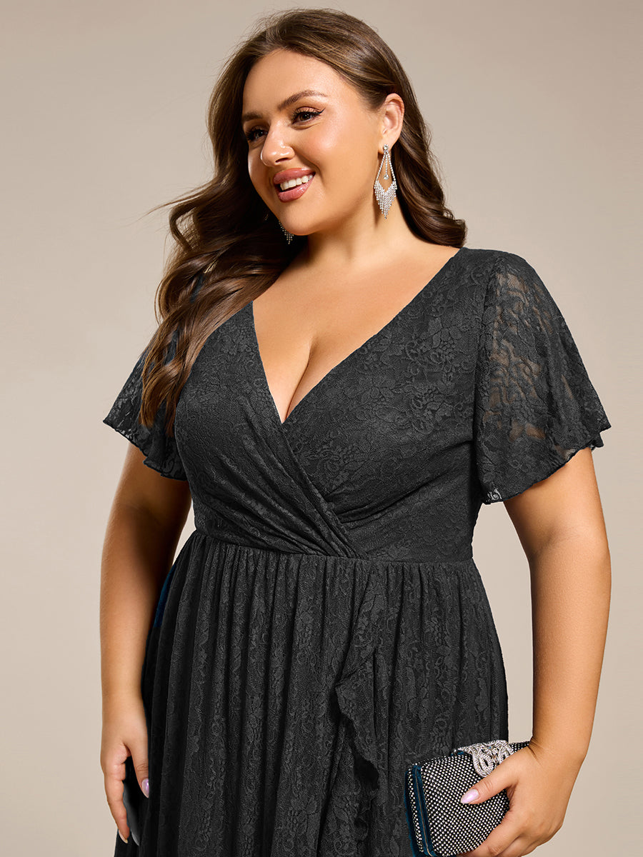 Größe Nach Maß Kurzärmliges Spitzen-Abendkleid in A-Linie mit Rüschen und V-Ausschnitt #farbe_Schwarz