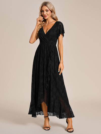 Größe Nach Maß Kurzärmliges Spitzen-Abendkleid in A-Linie mit Rüschen und V-Ausschnitt #farbe_Schwarz