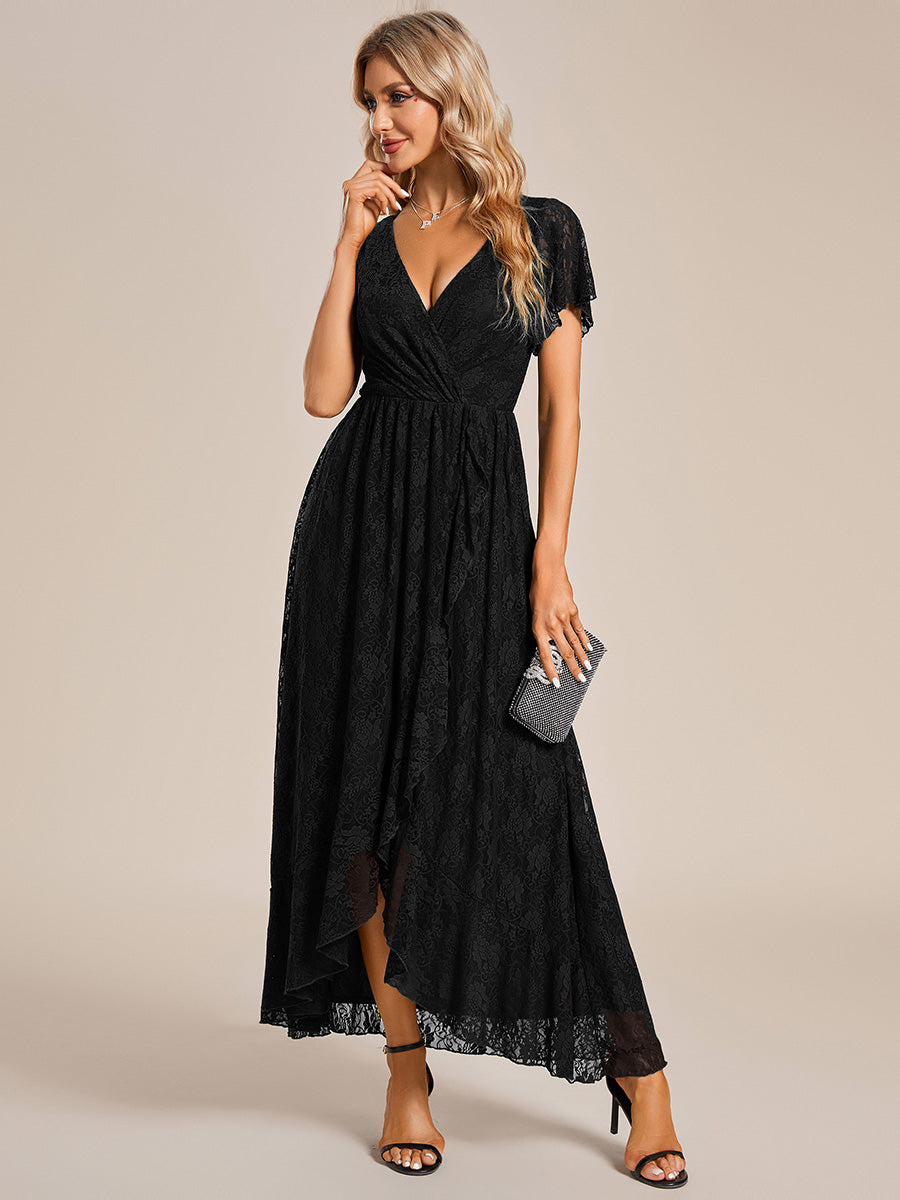 Größe Nach Maß Kurzärmliges Spitzen-Abendkleid in A-Linie mit Rüschen und V-Ausschnitt #farbe_Schwarz