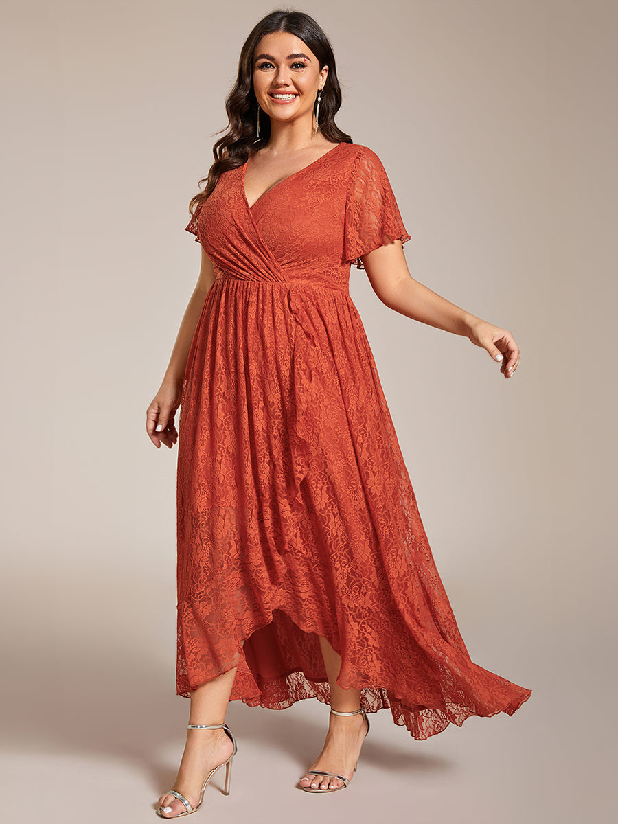 Größe Nach Maß Kurzärmliges Spitzen-Abendkleid in A-Linie mit Rüschen und V-Ausschnitt #farbe_Gebranntes Orange