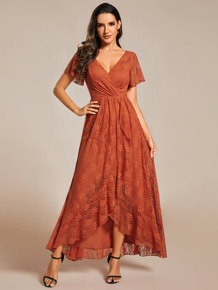 Größe Nach Maß Kurzärmliges Spitzen-Abendkleid in A-Linie mit Rüschen und V-Ausschnitt #farbe_Gebranntes Orange