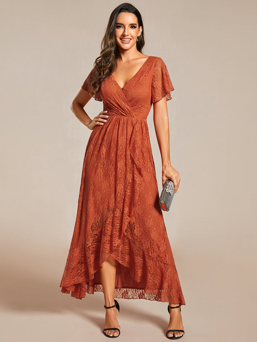 Größe Nach Maß Kurzärmliges Spitzen-Abendkleid in A-Linie mit Rüschen und V-Ausschnitt #farbe_Gebranntes Orange