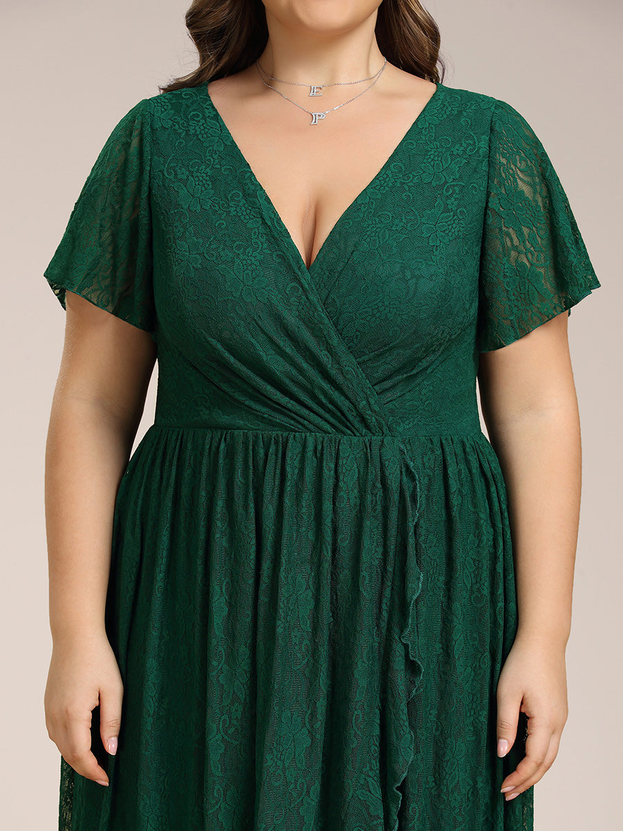 Größe Nach Maß Kurzärmliges Spitzen-Abendkleid in A-Linie mit Rüschen und V-Ausschnitt #farbe_Dunkelgrün