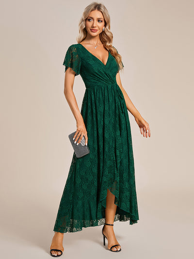 Größe Nach Maß Kurzärmliges Spitzen-Abendkleid in A-Linie mit Rüschen und V-Ausschnitt #farbe_Dunkelgrün