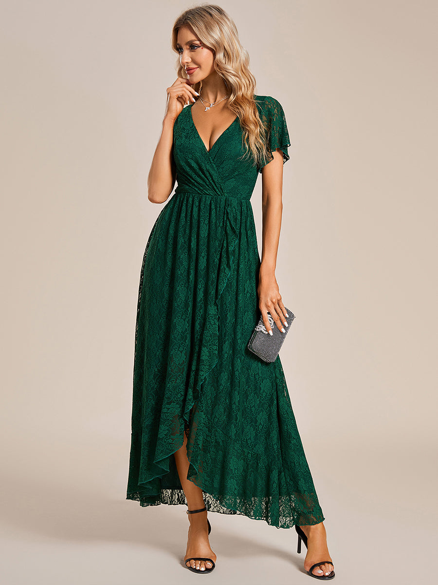 Größe Nach Maß Kurzärmliges Spitzen-Abendkleid in A-Linie mit Rüschen und V-Ausschnitt #farbe_Dunkelgrün