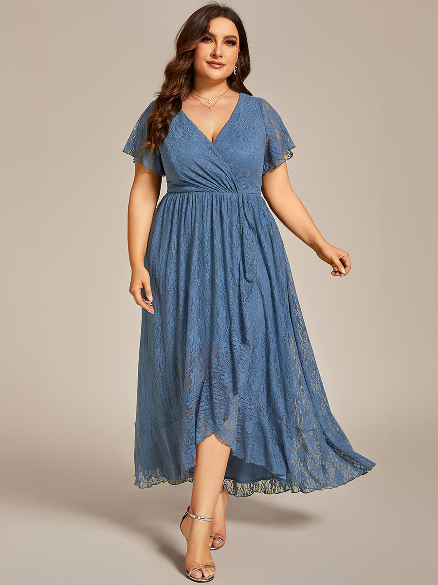 Größe Nach Maß Kurzärmliges Spitzen-Abendkleid in A-Linie mit Rüschen und V-Ausschnitt #farbe_Taubenblau