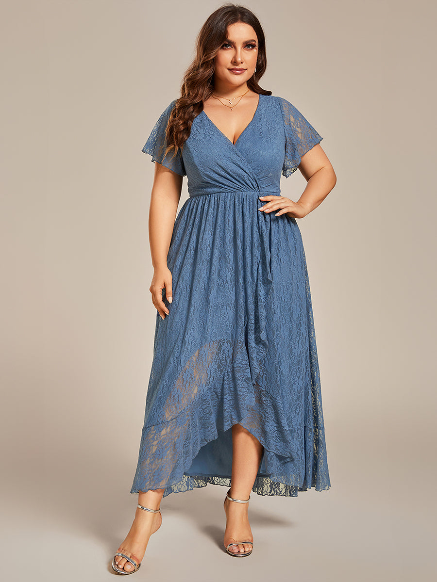 Größe Nach Maß Kurzärmliges Spitzen-Abendkleid in A-Linie mit Rüschen und V-Ausschnitt #farbe_Taubenblau