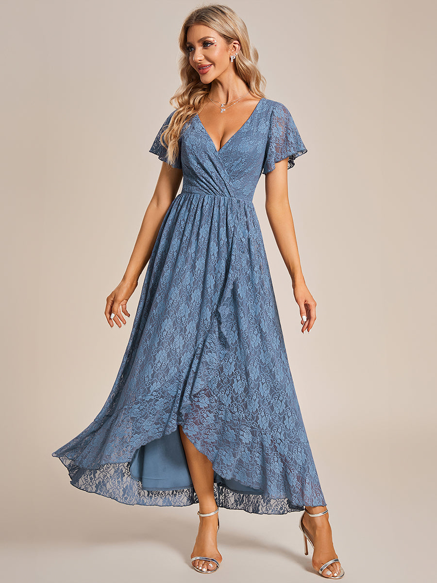 Größe Nach Maß Kurzärmliges Spitzen-Abendkleid in A-Linie mit Rüschen und V-Ausschnitt #farbe_Taubenblau