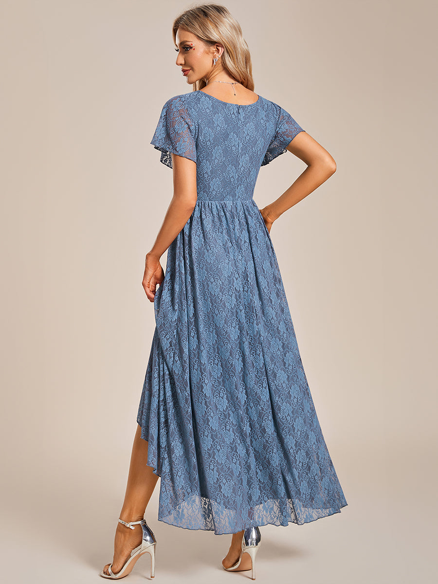 Größe Nach Maß Kurzärmliges Spitzen-Abendkleid in A-Linie mit Rüschen und V-Ausschnitt #farbe_Taubenblau